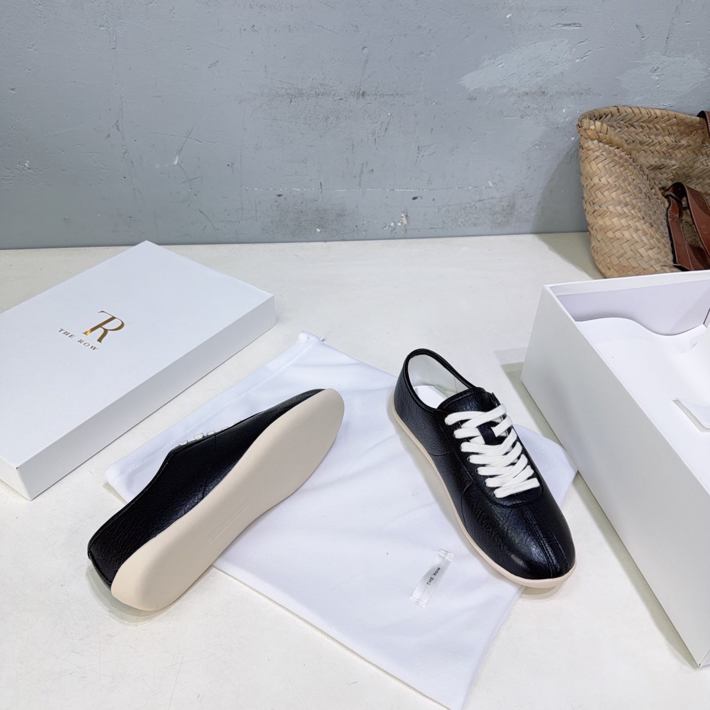 THE ROW 26S LACE-UP SNEAKERS IN BLACK GRAINED CALFSKIN