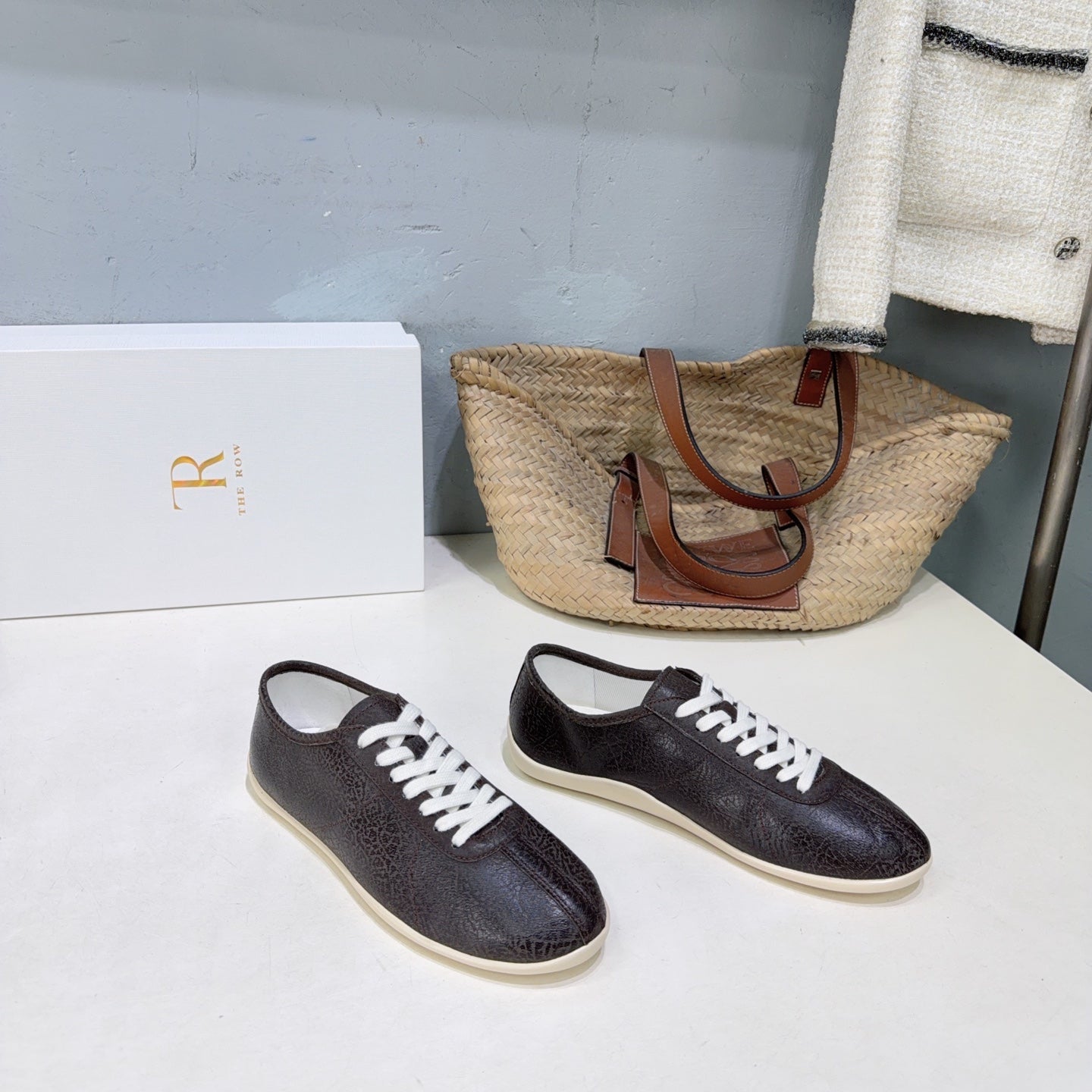 THE ROW 26S LACE-UP SNEAKERS IN DARK BROWN GRAINED CALFSKIN
