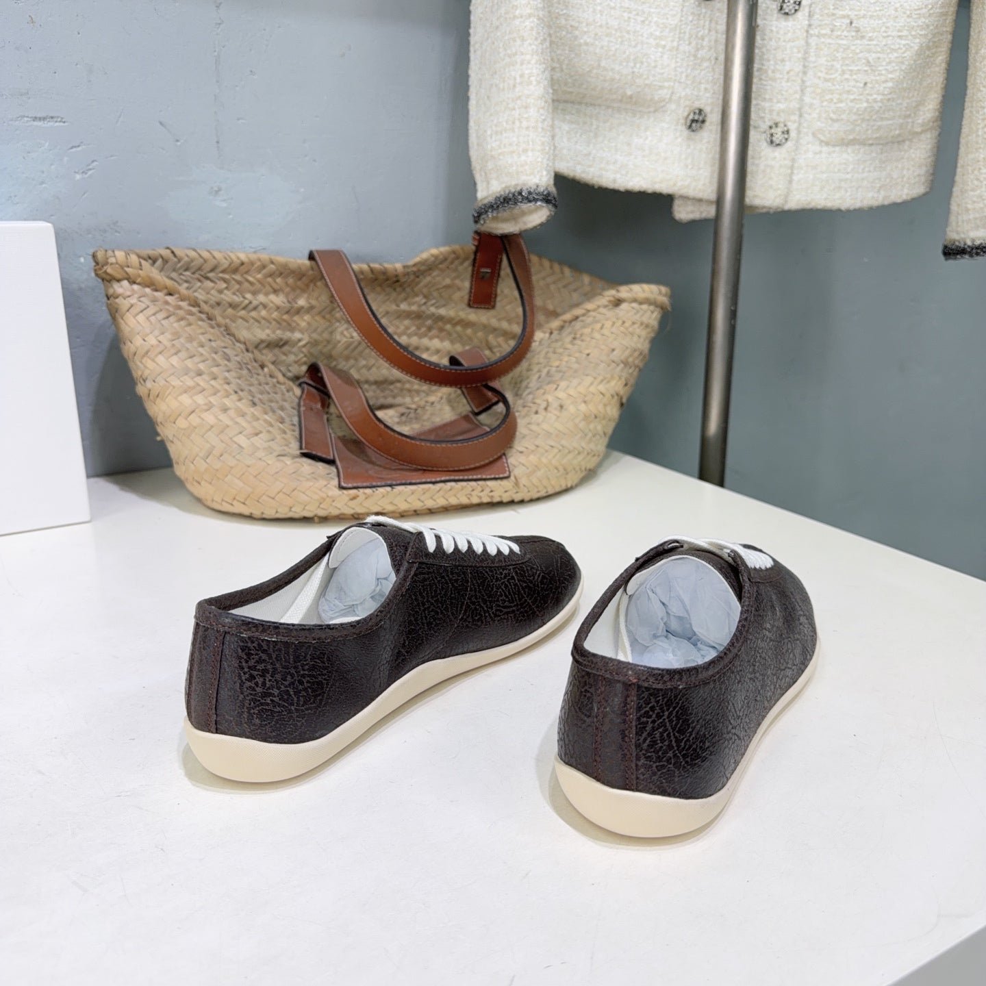 THE ROW 26S LACE-UP SNEAKERS IN DARK BROWN GRAINED CALFSKIN