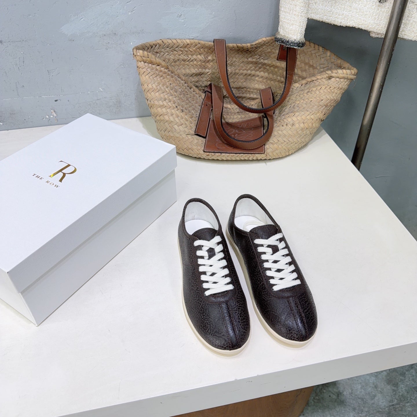 THE ROW 26S LACE-UP SNEAKERS IN DARK BROWN GRAINED CALFSKIN