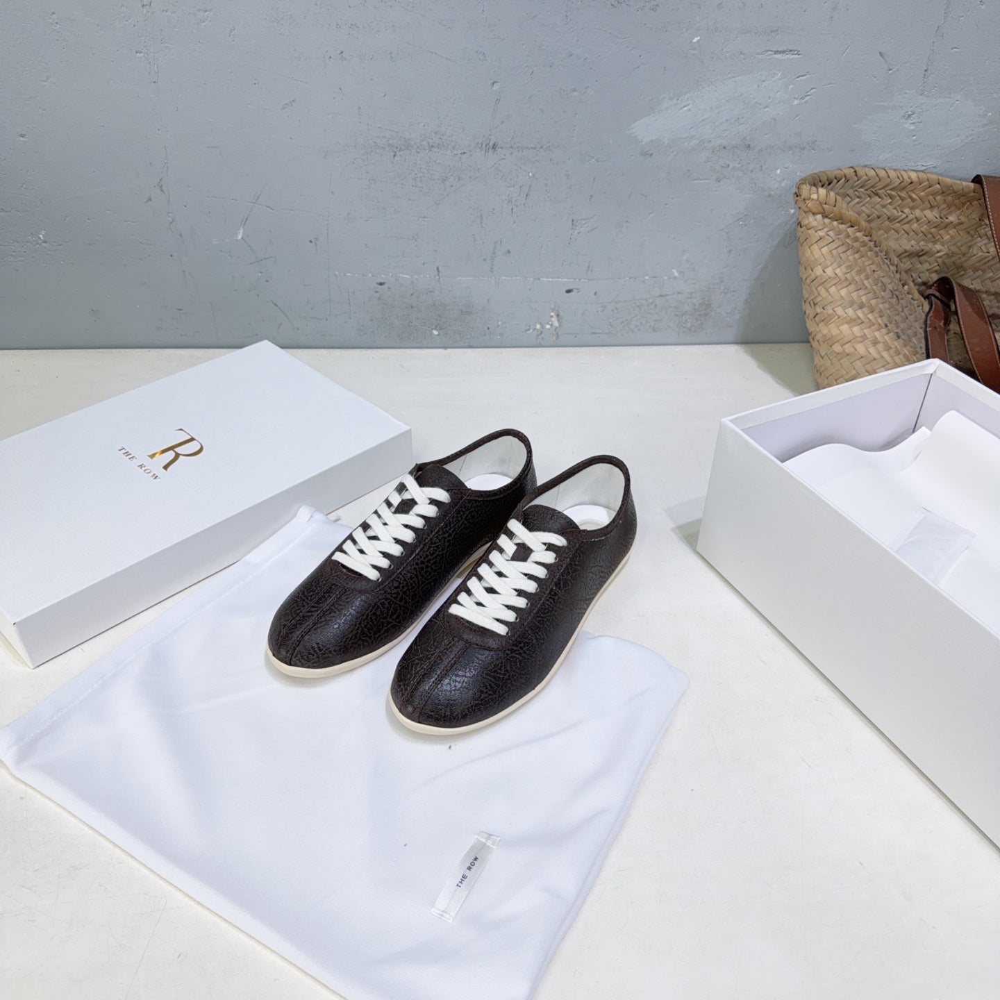 THE ROW 26S LACE-UP SNEAKERS IN DARK BROWN GRAINED CALFSKIN