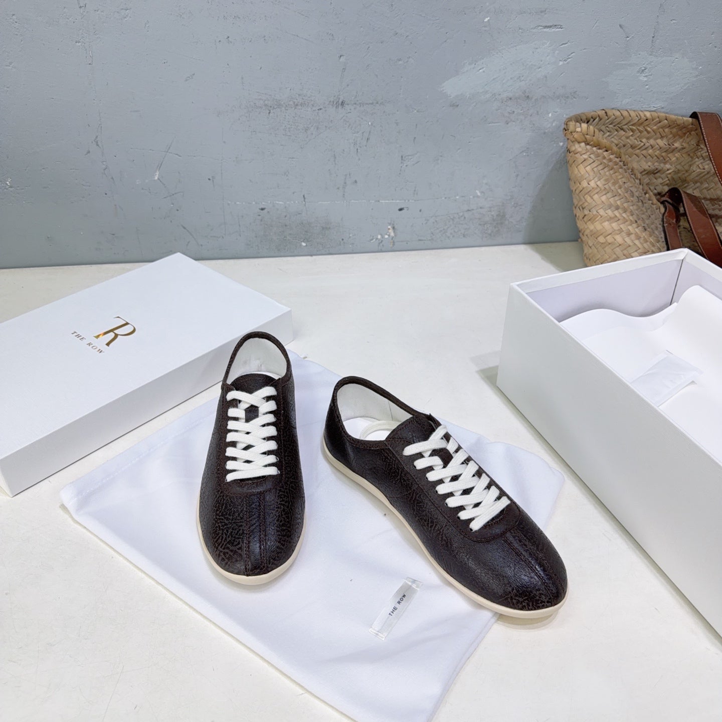 THE ROW 26S LACE-UP SNEAKERS IN DARK BROWN GRAINED CALFSKIN