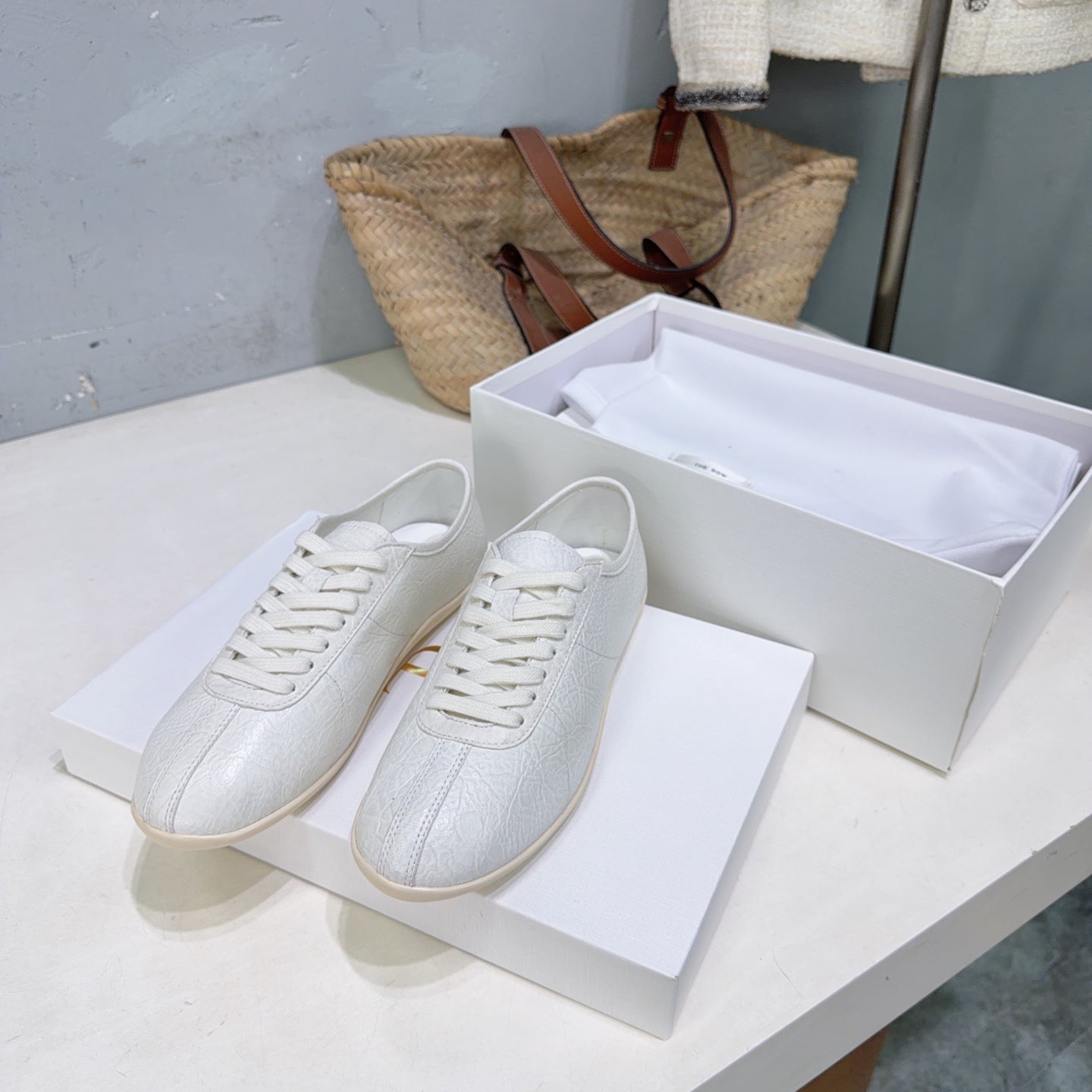 THE ROW 26S LACE-UP SNEAKERS IN WHITE GRAINED CALFSKIN
