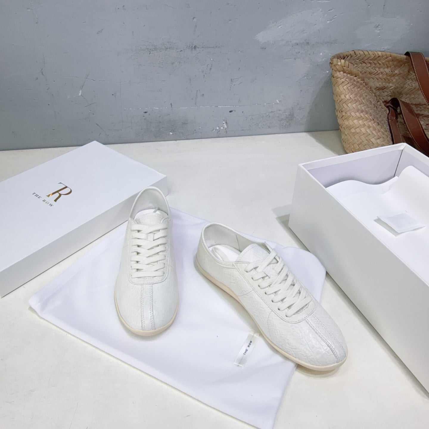 THE ROW 26S LACE-UP SNEAKERS IN WHITE GRAINED CALFSKIN