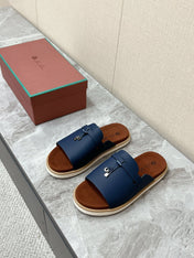 LP 26S LOCK MULE SLIDES IN DARK BLUE CALFSKIN SILVER HARDWARE