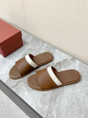 LP 26S SLIDES SANDAL IN BROWN CALFSKIN AND IVORY WHITE CANVAS