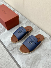 LP 26S LOCK CHARM SLIDES IN NAVY BLUE CALFSKIN SILVER HARDWARE