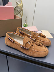MIUMIU 26S TASSEL LOAFERS IN CARAMEL BROWN SUEDE BEADED TRIM