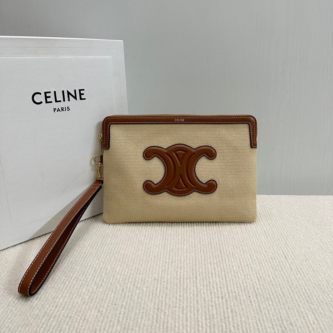SMALL POUCH 25 IN BEIGE CANVAS AND BROWN CALFSKIN