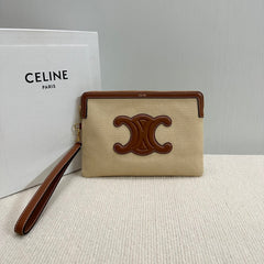 SMALL POUCH 25 IN BEIGE CANVAS AND BROWN CALFSKIN