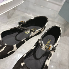 PRADA 25S MARY JANE BALLETS IN BLACK MIX CREAM WHITE HORSEHAIR FABRIC