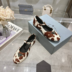 PRADA 25S MARY JANE BALLETS IN BROWN MIX CREAM WHITE HORSEHAIR FABRIC