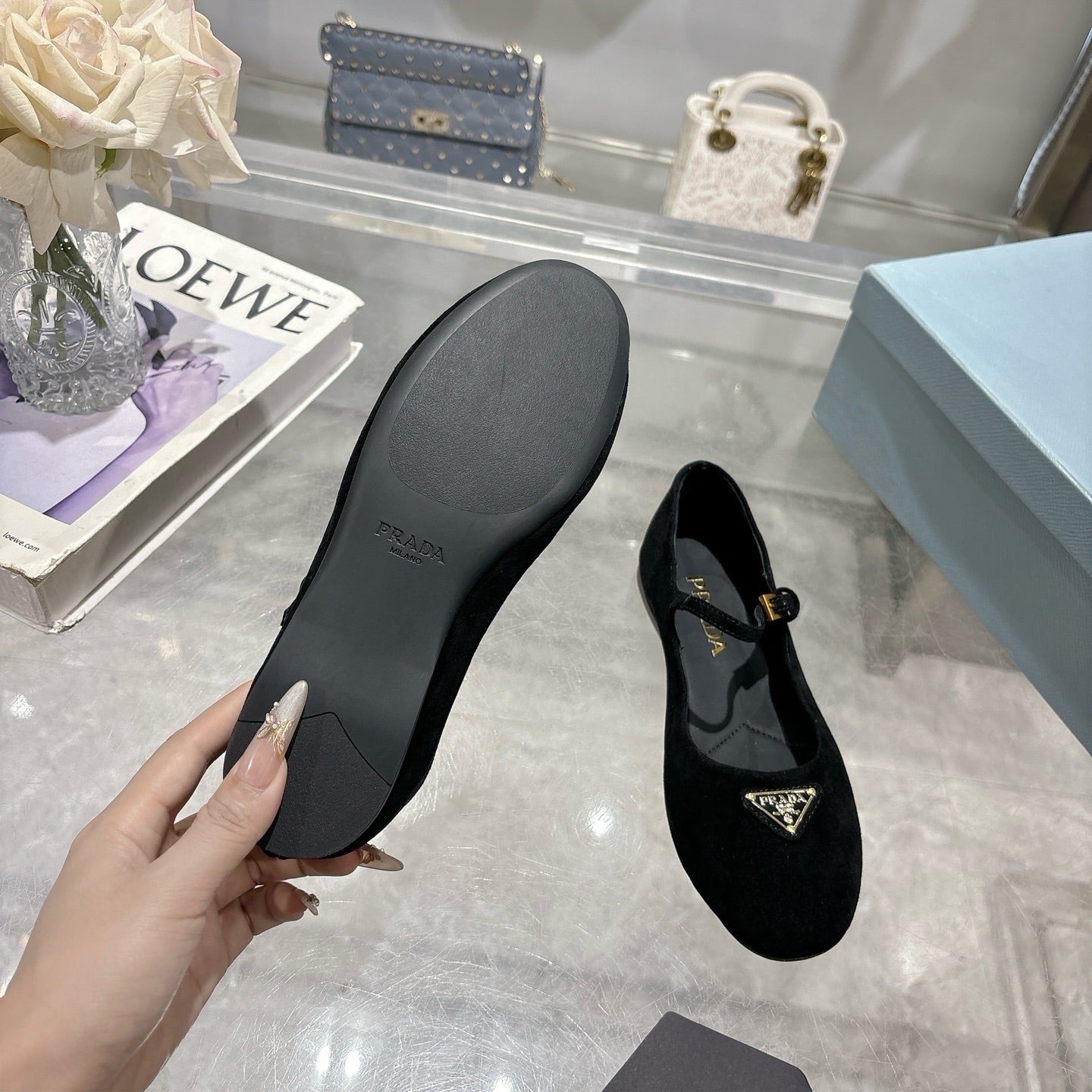 PRADA 25S MARY JANE BALLETS IN BLACK SUEDE