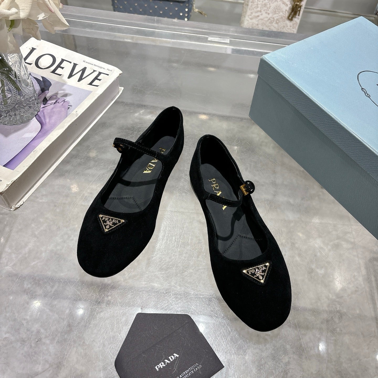 PRADA 25S MARY JANE BALLETS IN BLACK SUEDE