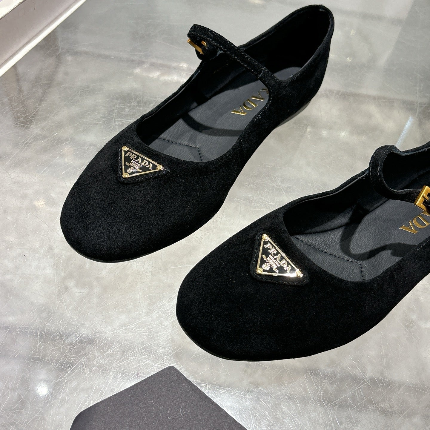PRADA 25S MARY JANE BALLETS IN BLACK SUEDE