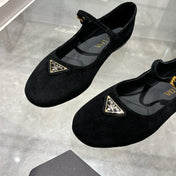 PRADA 25S MARY JANE BALLETS IN BLACK SUEDE