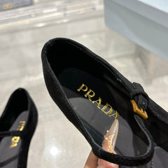 PRADA 25S MARY JANE BALLETS IN BLACK SUEDE
