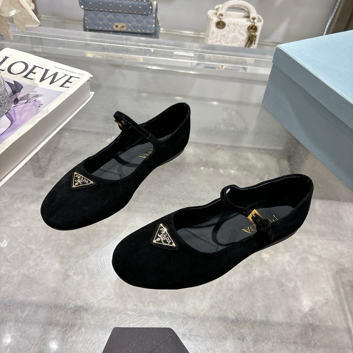 PRADA 25S MARY JANE BALLETS IN BLACK SUEDE