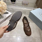 PRADA 26S LOGO PLAQUE MARY JANE FLATS IN DARK BROWN WOVEN FIBER