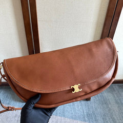 CELINE 25S HALFMOON SOFT TRIOMPHE BAG 46MM IN TAN BROWN SUPPLE SHINY LAMBSKIN
