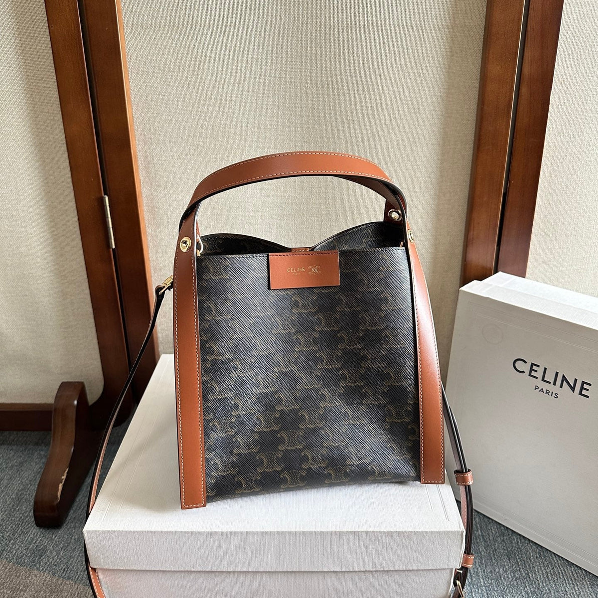 CELINE 25S CUBE BAG 18MM IN BLACK TRIOMPHE CANVAS AND DARK BORWN CALFSKIN