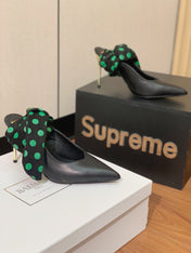 BALMAIN 25S BAKARI MULE WITH GREEN POLKA DOTS ON BLACK STRAP 95MM IN BLACK CALFSKIN