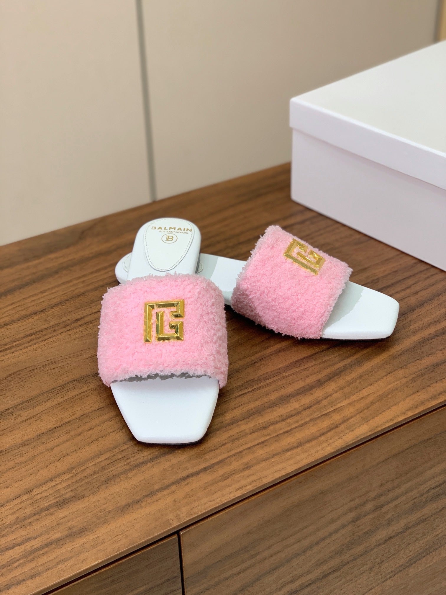 BALMAIN 26S SANDALS IN PINK WOOL AND WHITE CALFSKIN