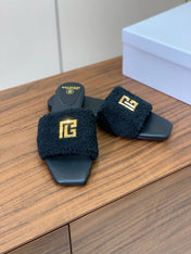 BALMAIN 26S SANDALS IN BLACK WOOL AND CALFSKIN