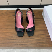 BALMAIN 25S JACQUARD KNIT SLINGBACK PUMPS 95MM IN BLACK AND PINK CALFSKIN