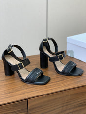 THREE-STRAP HIGH-HEELED EMBROIDERED SANDALS BLACK