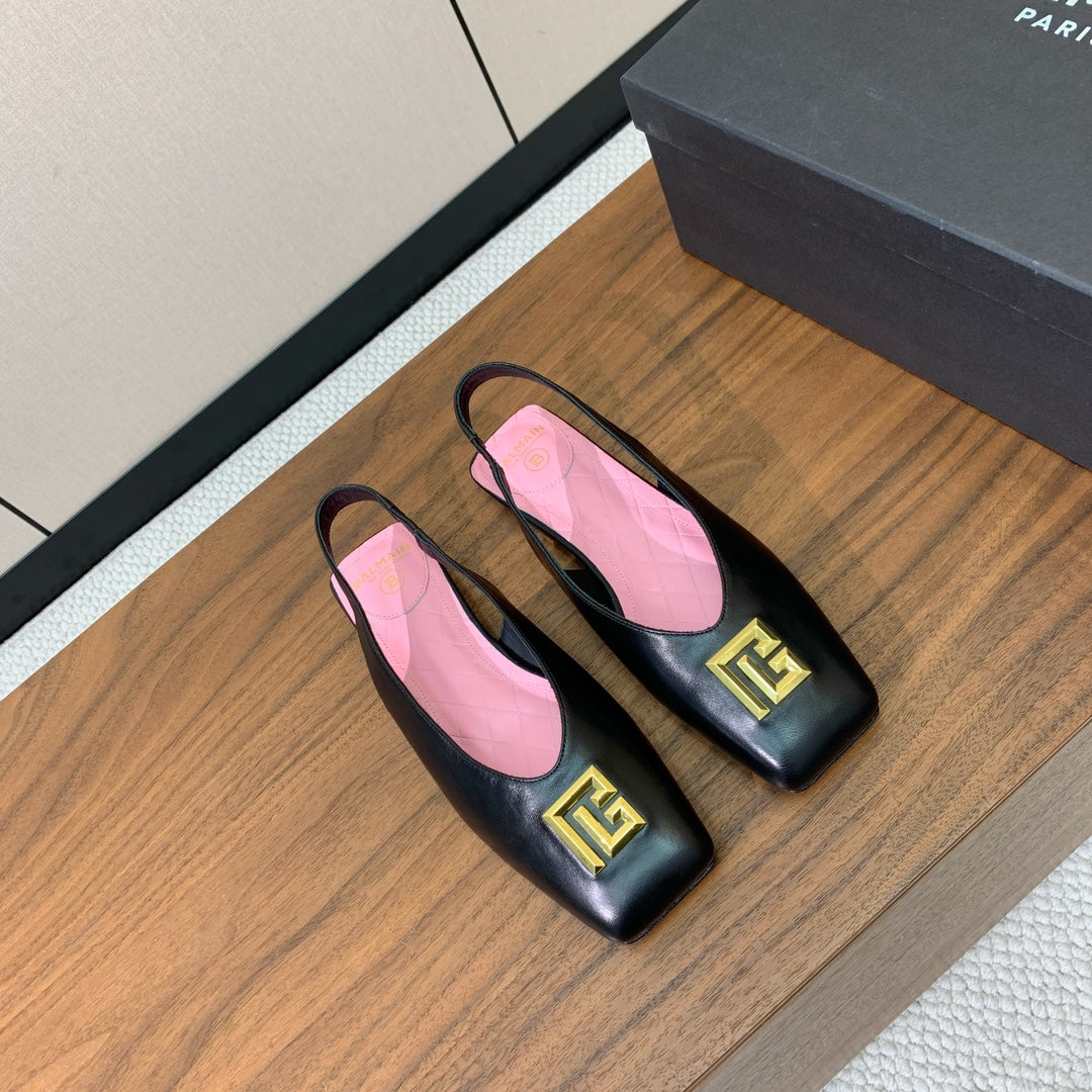 BALMAIN 25S FLAT EDEN SLINGBACKS IN BLACK CALFSKIN