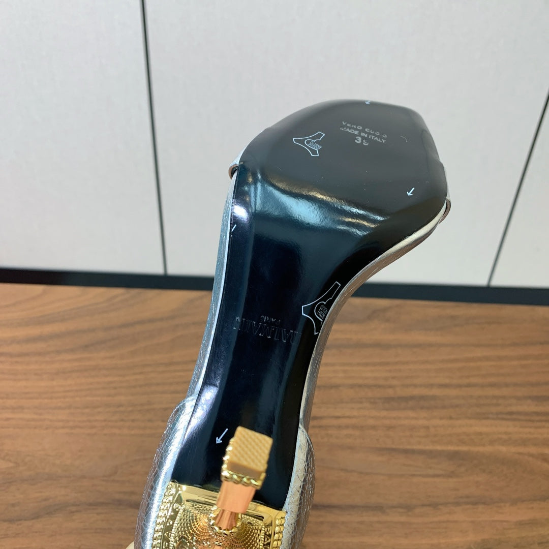 BALMAIN 25S SQUARE STRAP HIGH HEELS 100MM IN SILVER CALFSKIN