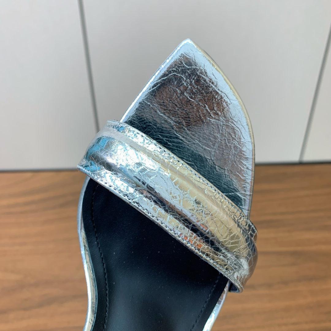 BALMAIN 25S SQUARE STRAP HIGH HEELS 100MM IN SILVER CALFSKIN