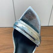 BALMAIN 25S SQUARE STRAP HIGH HEELS 100MM IN SILVER CALFSKIN