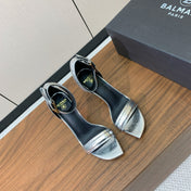BALMAIN 25S SQUARE STRAP HIGH HEELS 100MM IN SILVER CALFSKIN