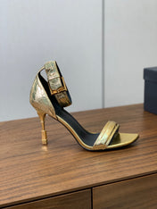 BALMAIN 25S SQUARE STRAP HIGH HEELS 100MM IN GOLD CALFSKIN