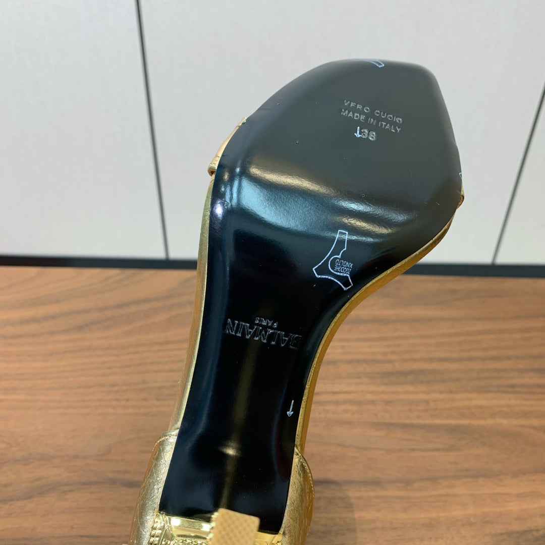 BALMAIN 25S SQUARE STRAP HIGH HEELS 100MM IN GOLD CALFSKIN
