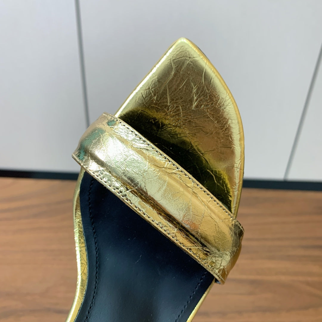 BALMAIN 25S SQUARE STRAP HIGH HEELS 100MM IN GOLD CALFSKIN