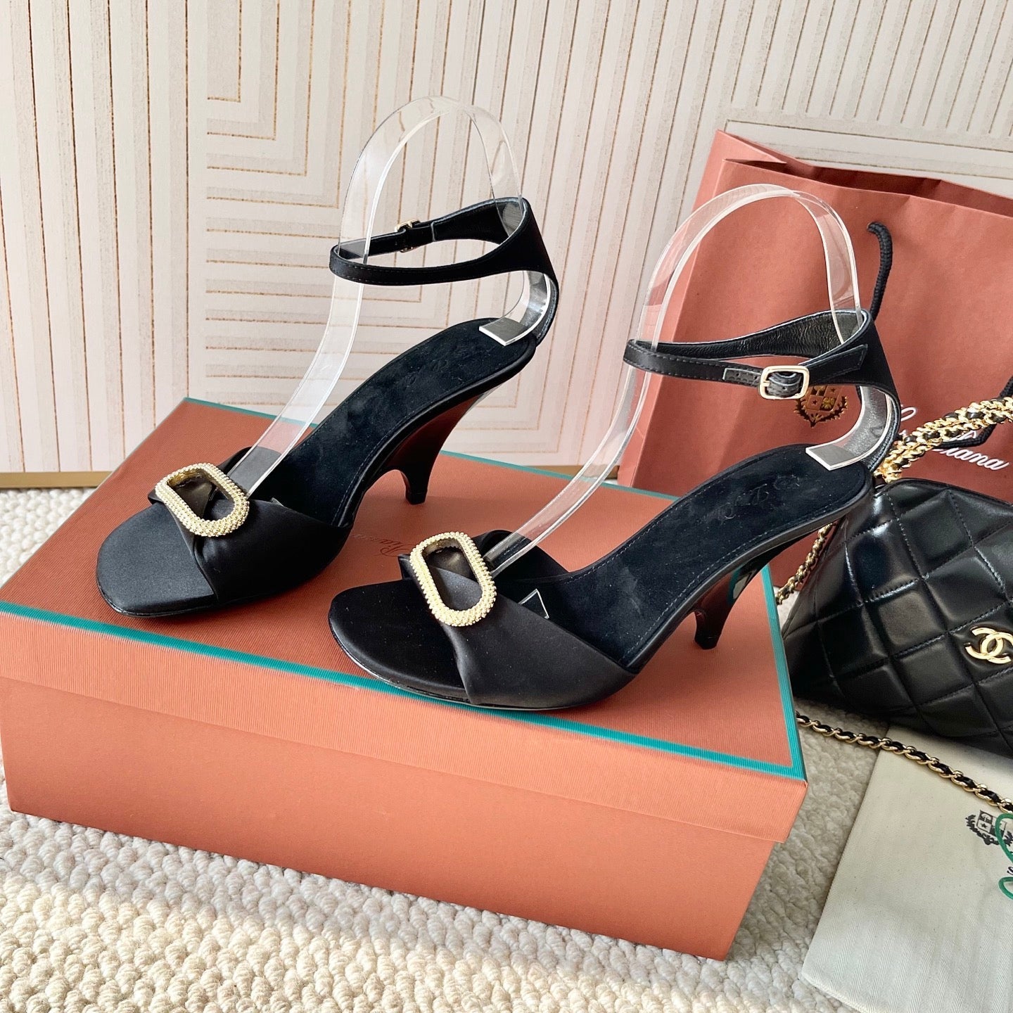 HIGH HEELS SANDALS 80 MM IN BLACK SATIN MIX SUEDE