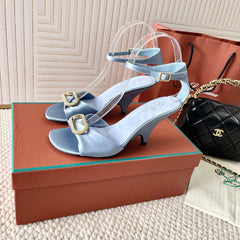 HIGH HEELS SANDALS 80 MM IN PASTEL BLUE SATIN MIX SUEDE