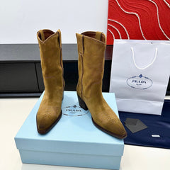 PRADA 25S POINTED-TOE LOW-CUT BOOTS IN CARAMEL BROWN SUEDE