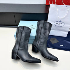 PRADA 25S POINTED-TOE LOW-CUT BOOTS IN BLACK COWHIDE