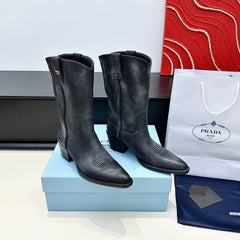 PRADA 25S POINTED-TOE LOW-CUT BOOTS IN BLACK COWHIDE