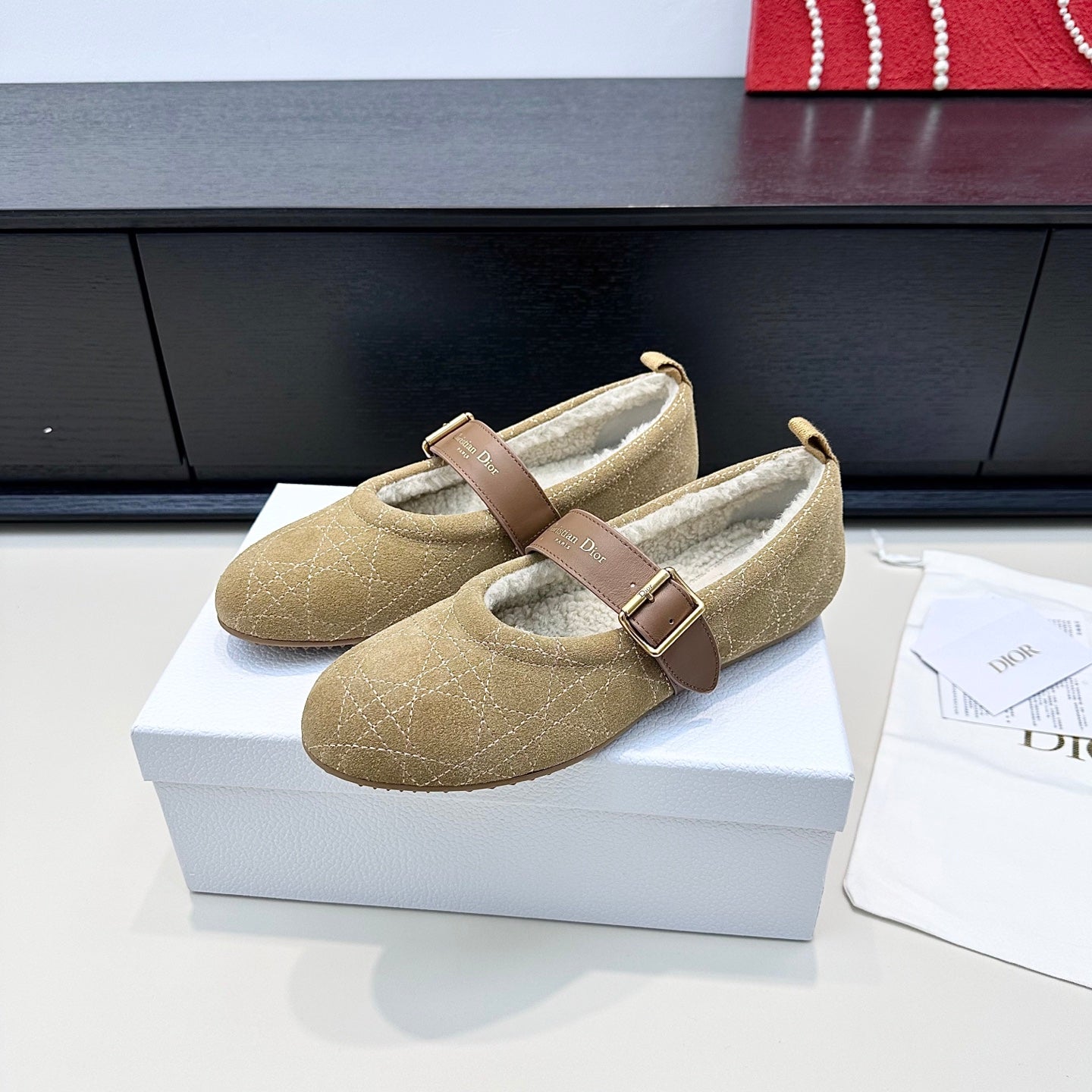 DIOR 26S FROST BALLET FLAT IN LIGHT BROWN CANNAGE SUEDE AND CALFSKIN
