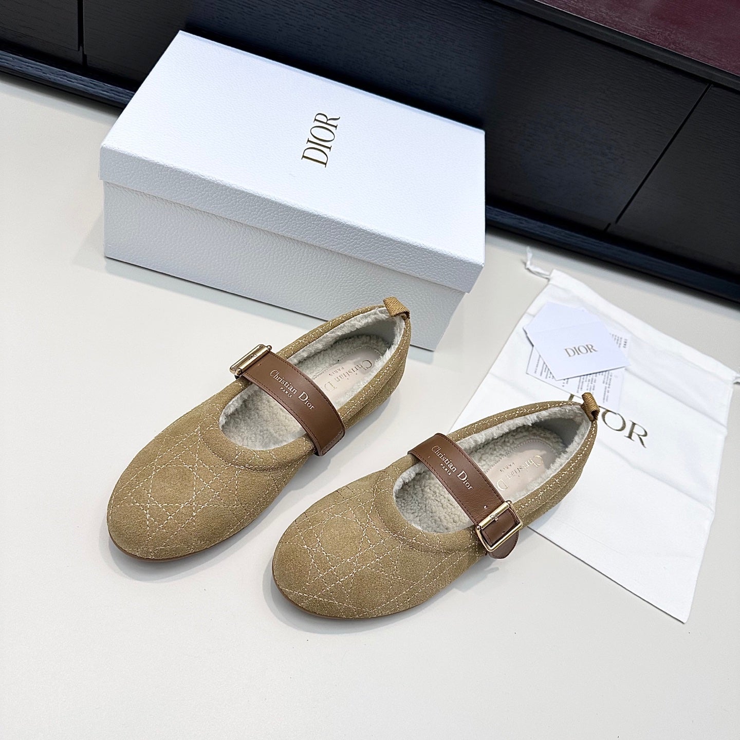 DIOR 26S FROST BALLET FLAT IN LIGHT BROWN CANNAGE SUEDE AND CALFSKIN