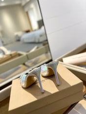 GIANVITO ROSSI 26S HEELED SANDALS 105 MM IN IRIDESCENT SILVER PATENT CALFSKIN WITH BOW