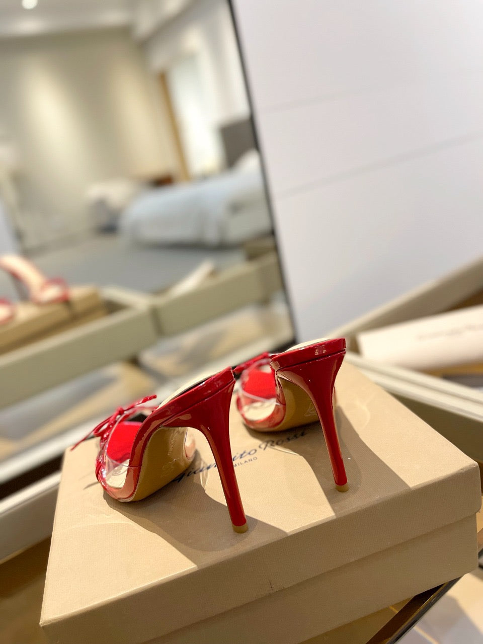 GIANVITO ROSSI 26S HEELED SANDALS 105 MM IN DARK RED PATENT CALFSKIN WITH BOW