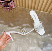 AQUAZZURA 26S CRYSTAL HIGH-HEEL SLIDES 85 MM IN WHITE SATIN