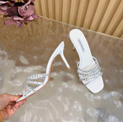 AQUAZZURA 26S CRYSTAL HIGH-HEEL SLIDES 85 MM IN WHITE SATIN