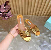 AQUAZZURA 26S SLIDES IN METALLIC GOLD CALFSKIN CRYSTAL-EMBELLISHED STRAPS